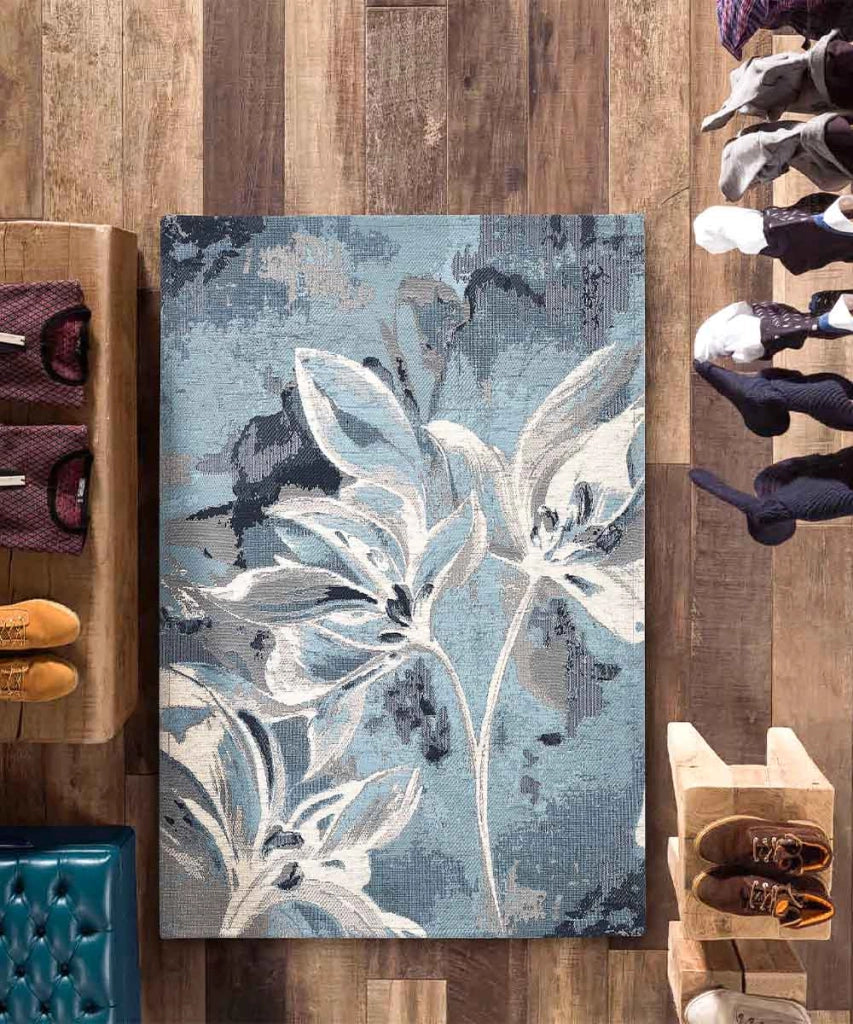 Tappeto Arredo VANILLA AZZURRO salotto soggiorno camera, disegno fiori vaniglia motivo floreale, multiuso lavabile antiscivolo cm.85x150