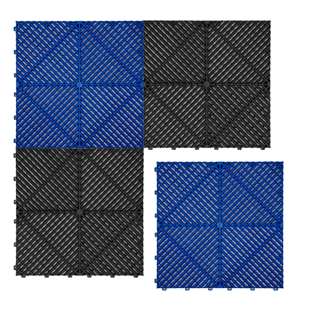 Piastrelle ventilate nere e blu 6m x 6m per garage doppio e officine, antiscivolo.