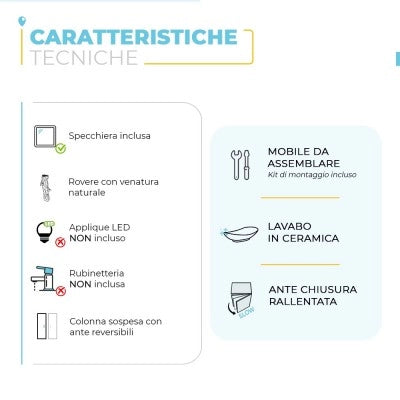 Mobile bagno sospeso 80 cm 2 ante serie Oasi rovere con specchio e pensile