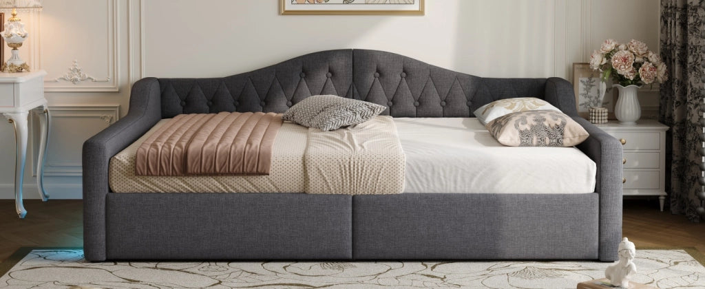 DESMIU Letto da giorno 140 × 200 cm 2 posti con contenitore, LED 7 colori e senza materasso, in MDF e compensato, grigio