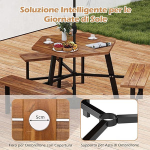 Set Tavolo con 3 Panche in Legno di Acaccia, con Foro per Ombrellone, Tavolo da Campeggio con Telaio in Metallo, Set Mobile da Picnic per Cortile Patio