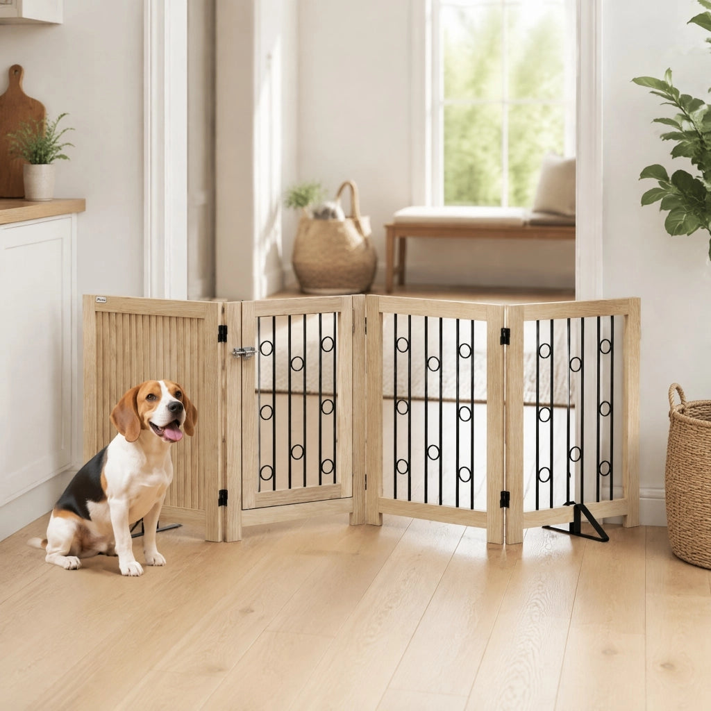 Cancelletto per cani pieghevole con porta in legno e acciaio naturale