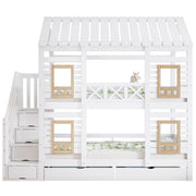 Letto a Castello 90x200 cm; Letto per Bambini - Finestre; 2 Cassetti; Scala 4 Scomparti