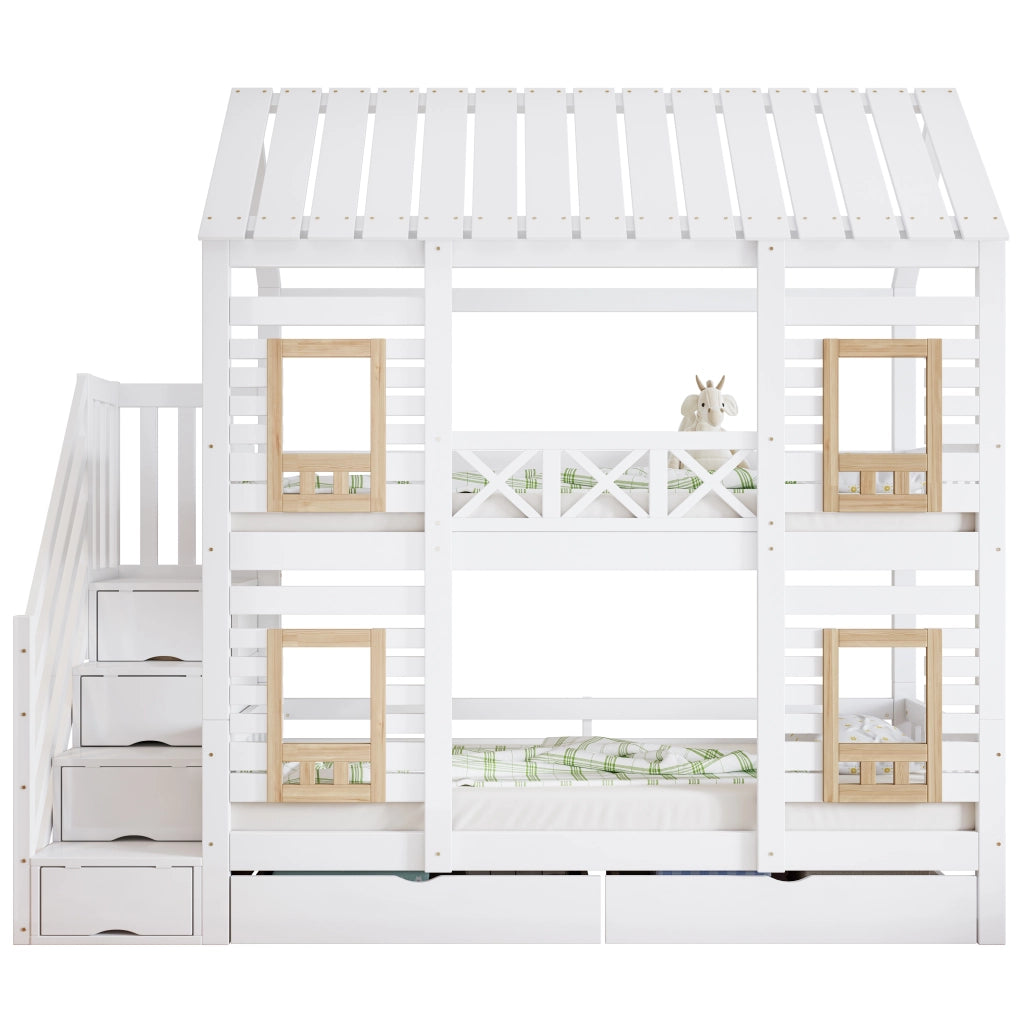 Letto a Castello 90x200 cm; Letto per Bambini - Finestre; 2 Cassetti; Scala 4 Scomparti