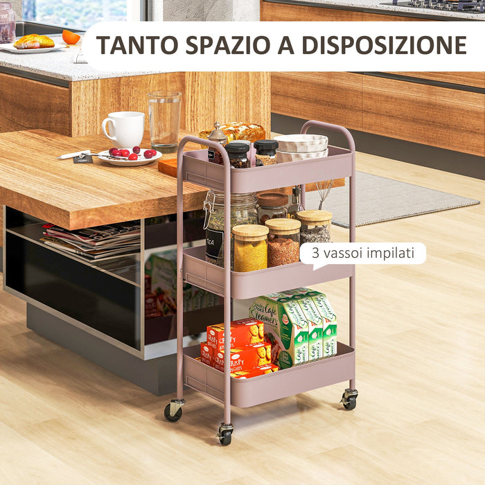 Carrello da Cucina a 3 Livelli 45x30,6x79 cm in Acciaio Rosa