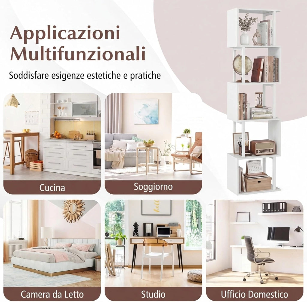Libreria a 5 Livelli in Legno, Scaffale Espositore Geometrico con Struttura in Metallo, Mobile Portaoggetti Salvaspazio per Camera da Letto Soggiorno Ufficio, 38x23x147 cm (Bianco)