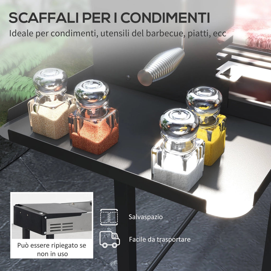 Barbecue a Carbone a 3 Livelli con Mensole Pieghevoli e Girarrosto 118x32x90 cm in Acciaio Inox Nero