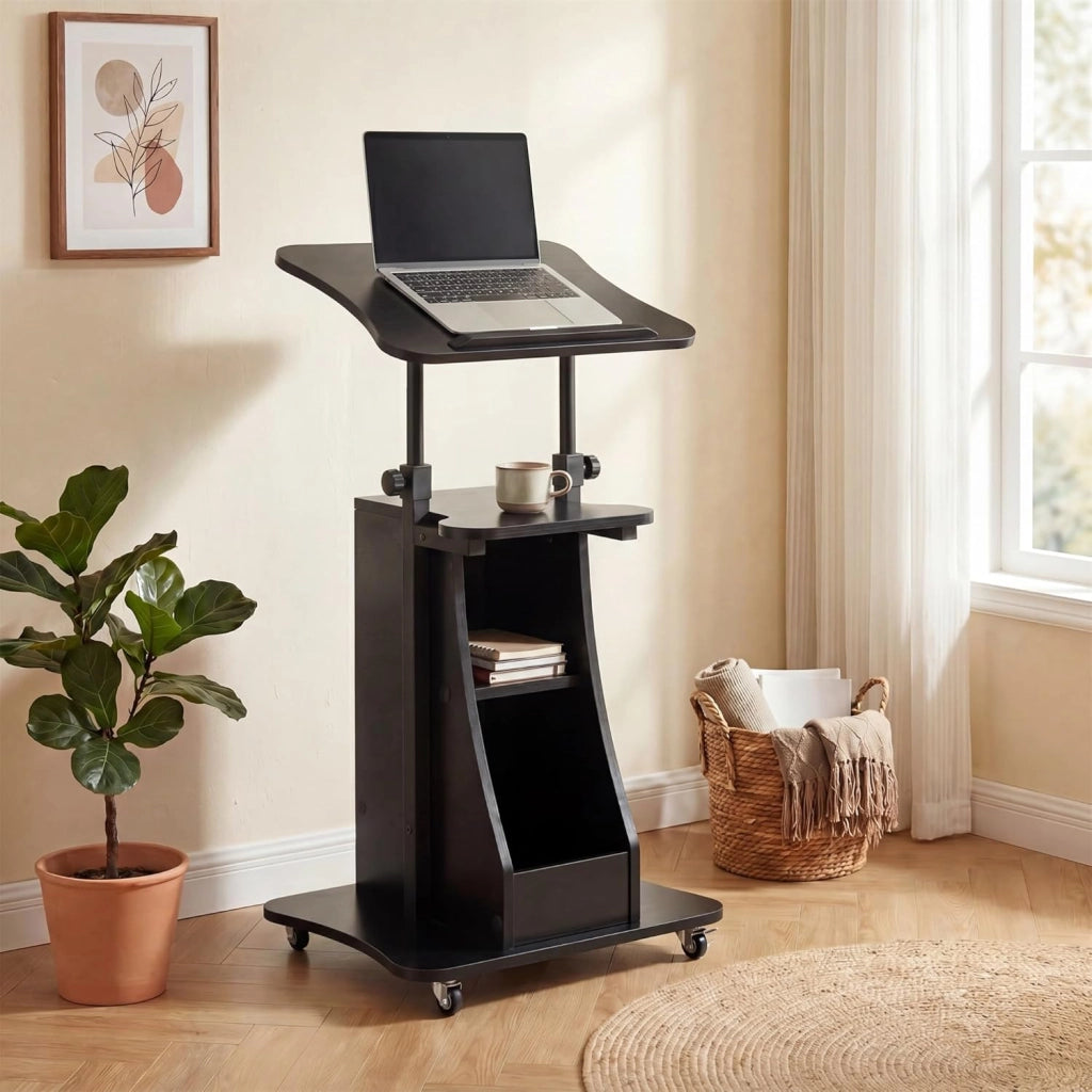 KOMFOTTEU Tavolino da Laptop Regolabile in Altezza 72-112cm con Ruote Universali, Piano Reclinabile, Ripiano Aperto e 2 Vani Portaoggetti, Scrivania per Computer Porta PC per Aula, Ufficio
