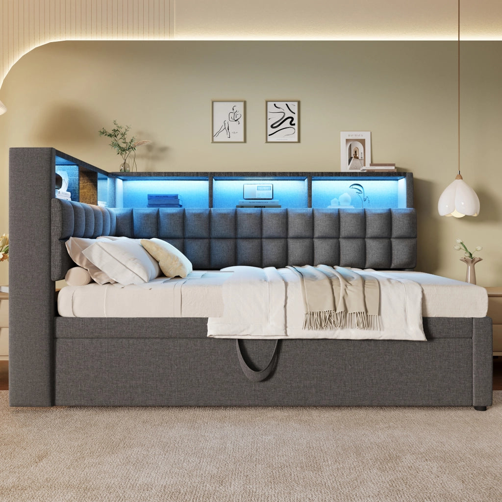 DESMIU Divano letto 90 × 200 cm 1 posto con letto estraibile, LED, USB e Type-C, senza materasso, grigio