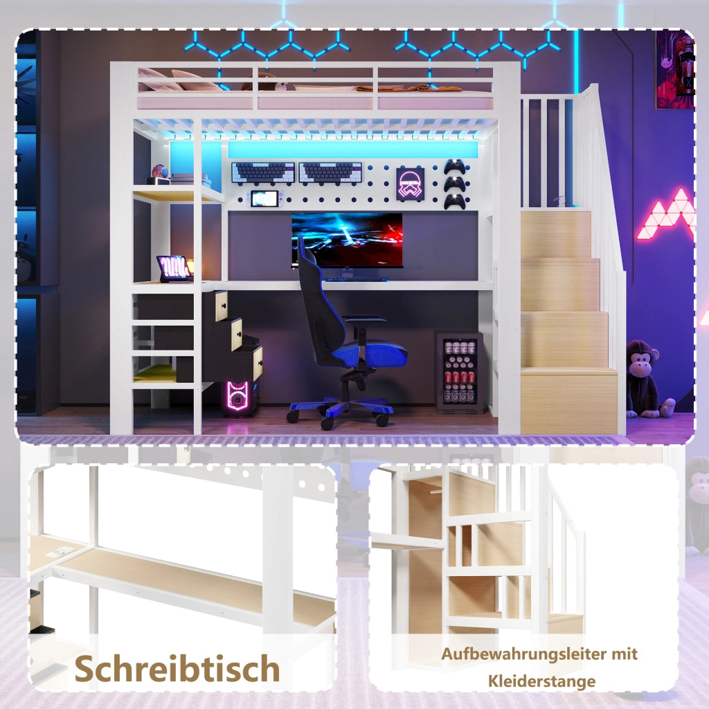 Letto a soppalco singolo 90 × 200 cm con scrivania, 3 cassetti, pannello forato, LED e presa, senza materasso, bianco