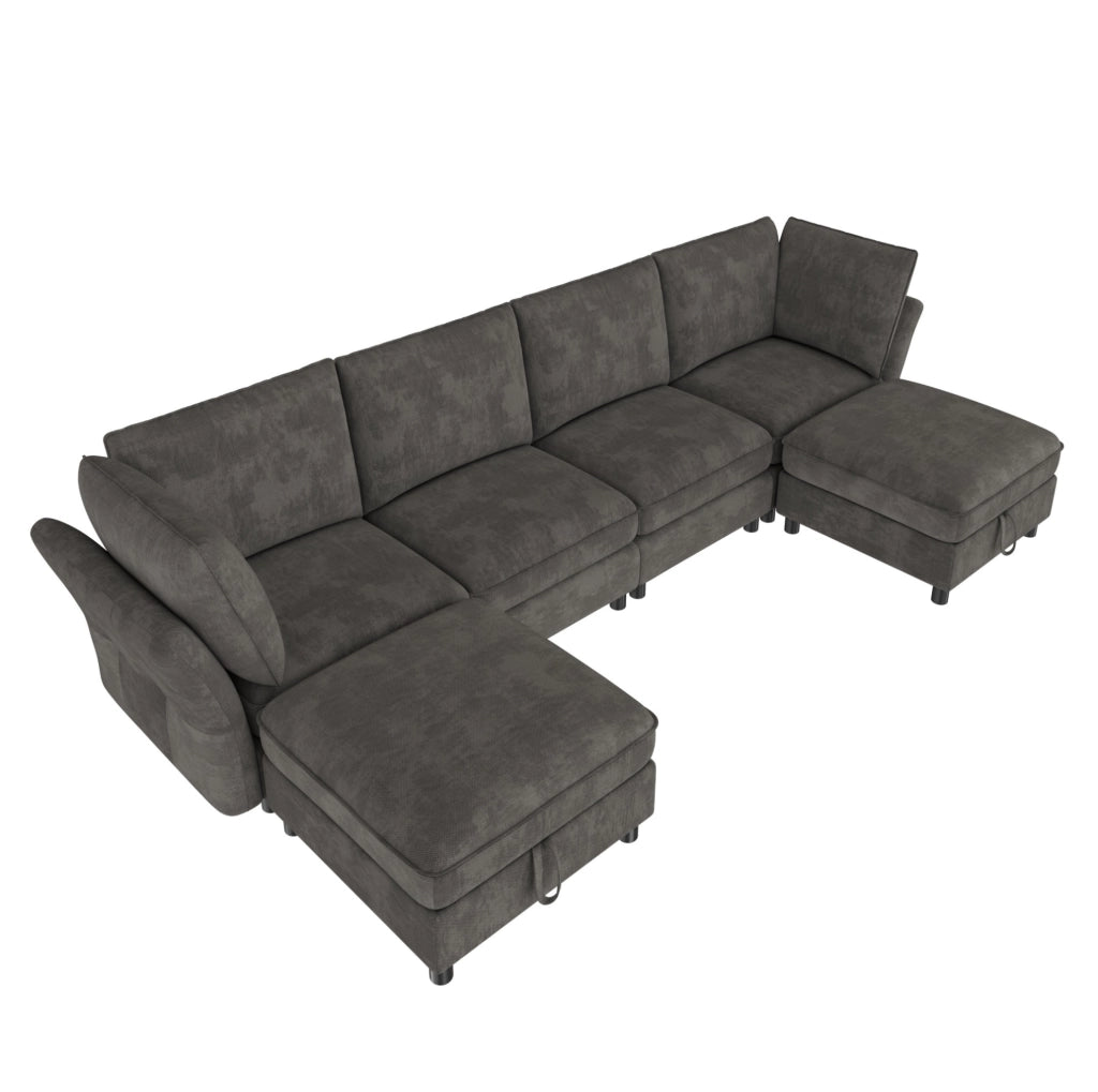 Divano modulare 6 posti a U/L con 2 pouf contenitore grigio
