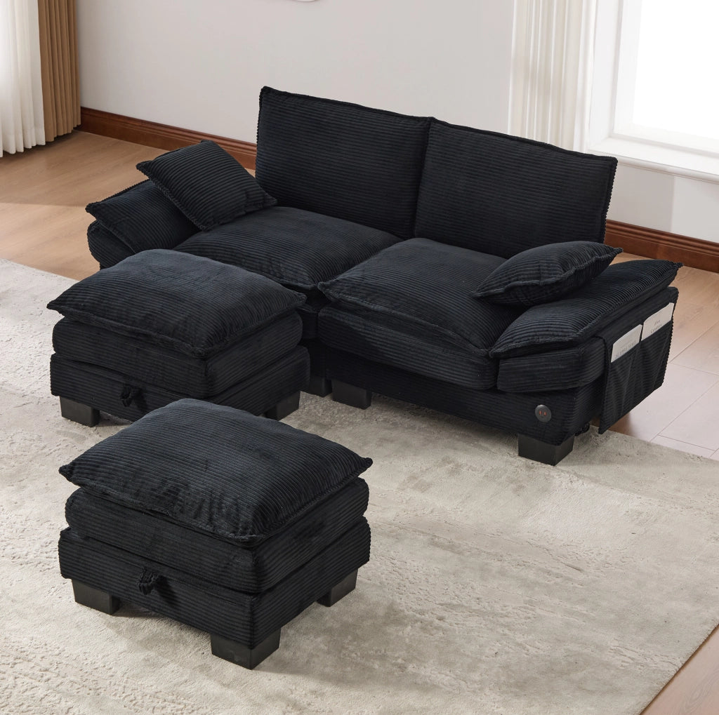 Divano modulare 2 posti in corduroy nero con 2 pouf; USB-C e tasche laterali 190x132x84 cm