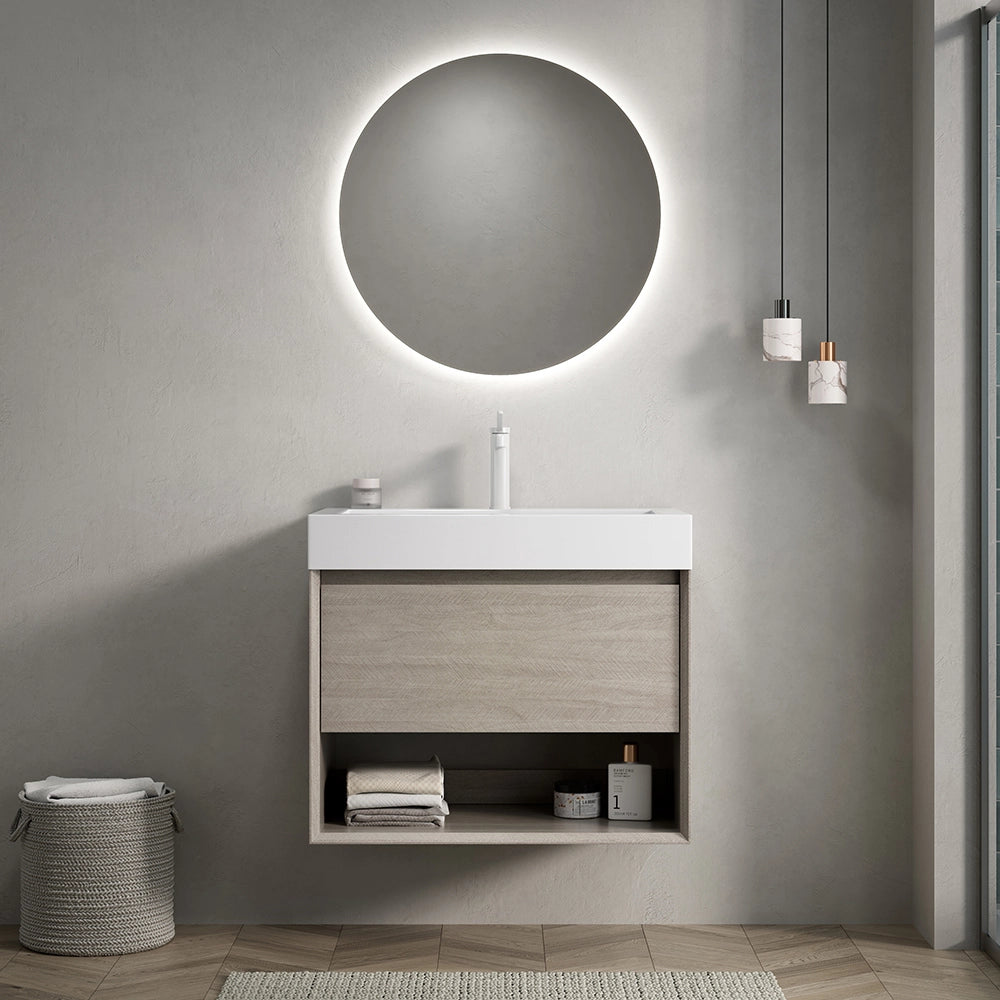 Mobile-lavabo sospeso - Xylo - 70 cm - Ch??ne chiaro - Vasque rettangolare in resina bianca, tiroir et ??tag??re ouverte