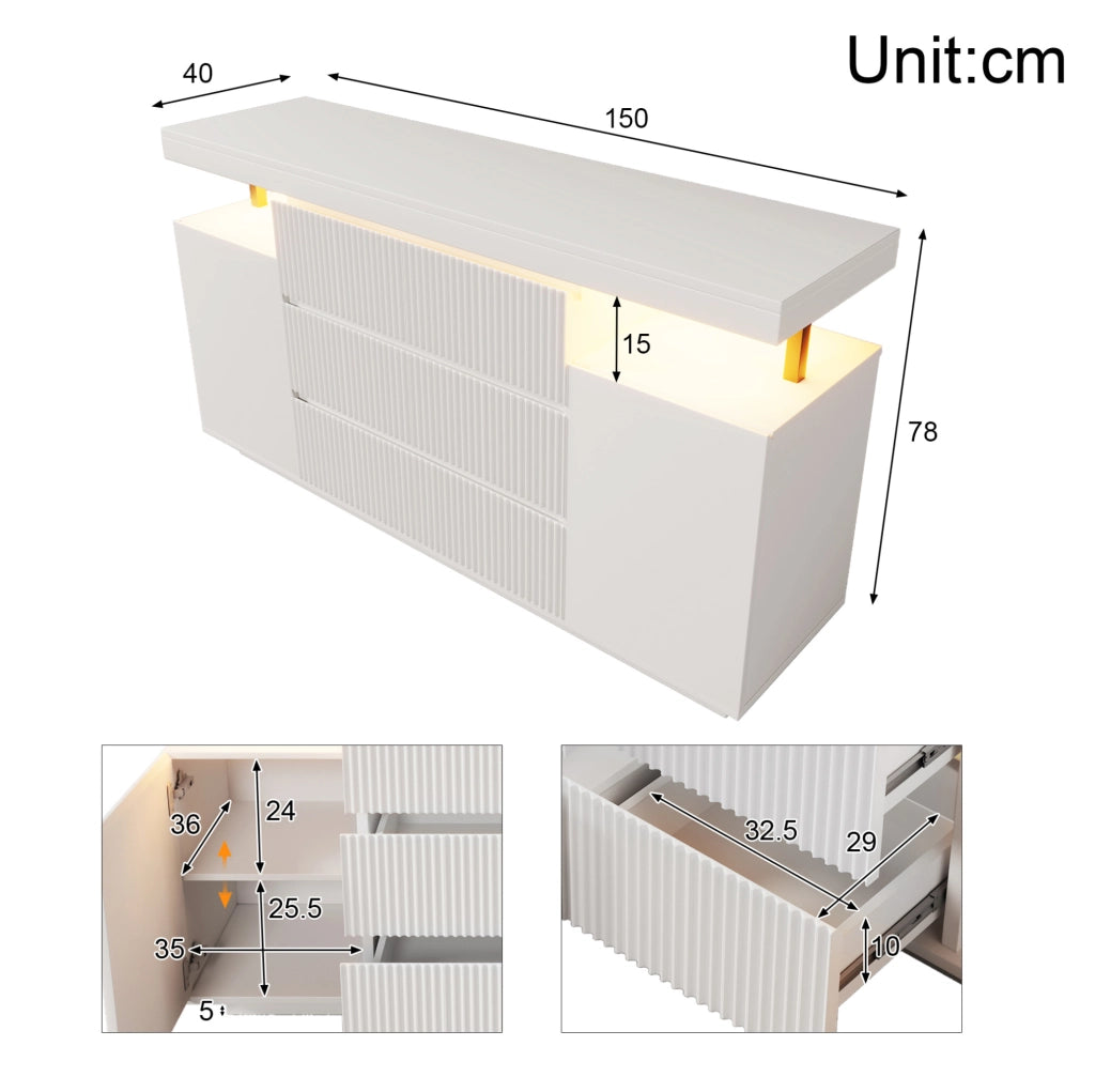 Credenza moderna con illuminazione LED 150x40x78 cm; bianca in MDF e metallo