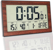 Radio digitale a muro con display temperatura e umidità, orologio digitale a muro con illuminazione di sfondo, finitura in plastica a imitazione di legno, 20,1 x 12,4 cm