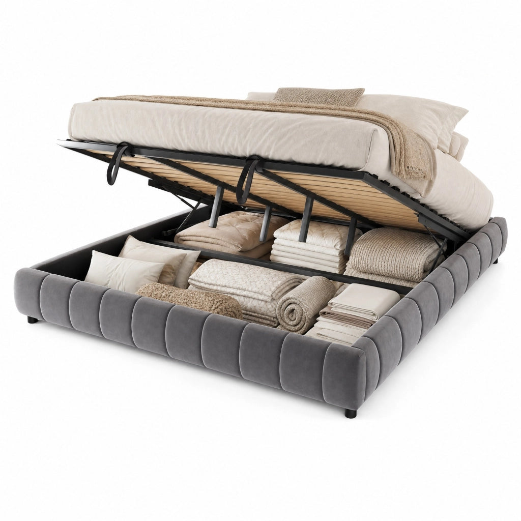 Letto imbottito 180x200 cm con contenitore, LED bianco integrato, struttura idraulica e senza testiera, grigio