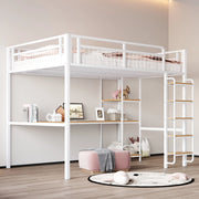 Letto a castello metallo bianco con scala di sicurezza tavolo e scaffali 140x200 cm