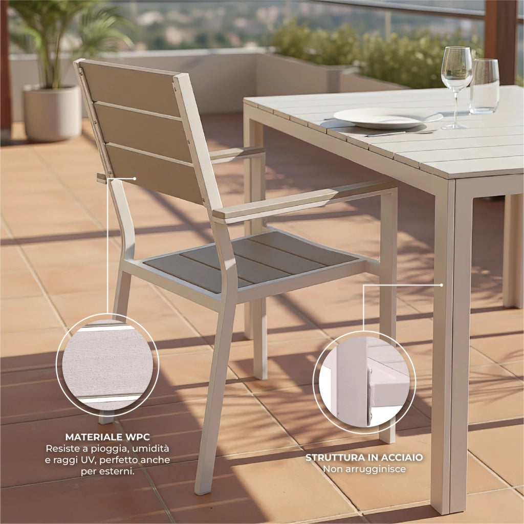 Set Tavolo da Giardino con 6 Sedie in Acciaio e Piano HDPE Effetto Teak, Tavolo Esterno Rettangolare Moderno Resistente alle Intemperie, Arredo Outdoor Terrazzo Balcone Beige