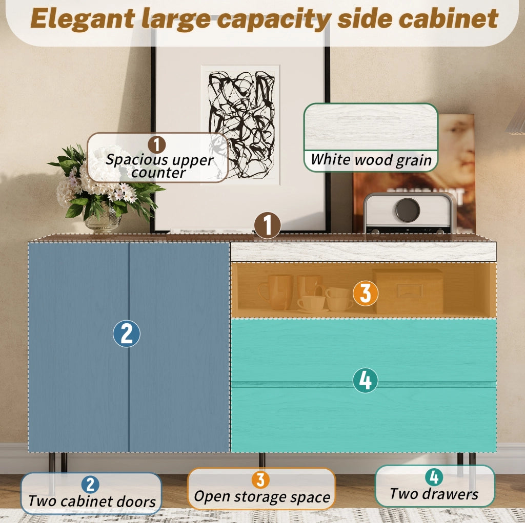 Credenza ULEVR 140x42x77 cm con ante senza maniglie, cassetti e ripiani aperti, bianca