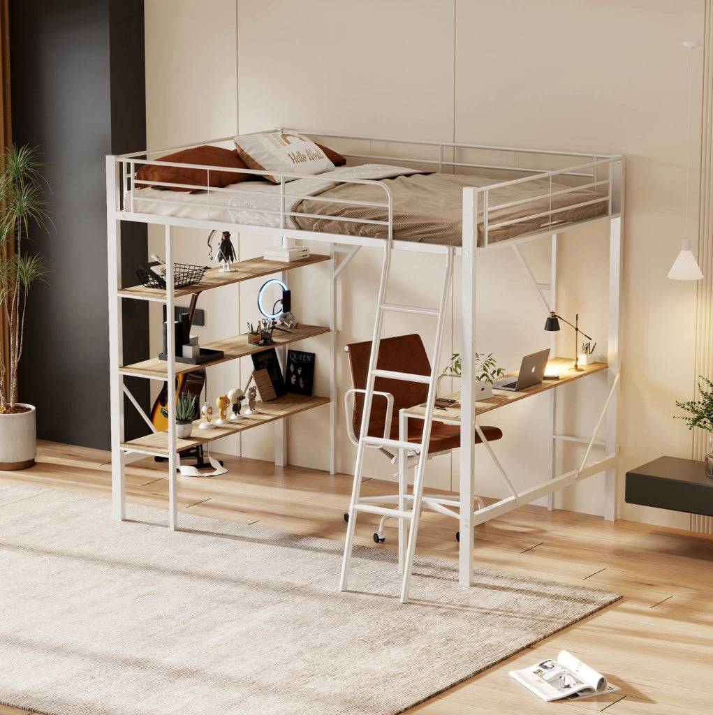 Letto a soppalco 90 x 200 cm con scrivania e tre ripiani, bianco