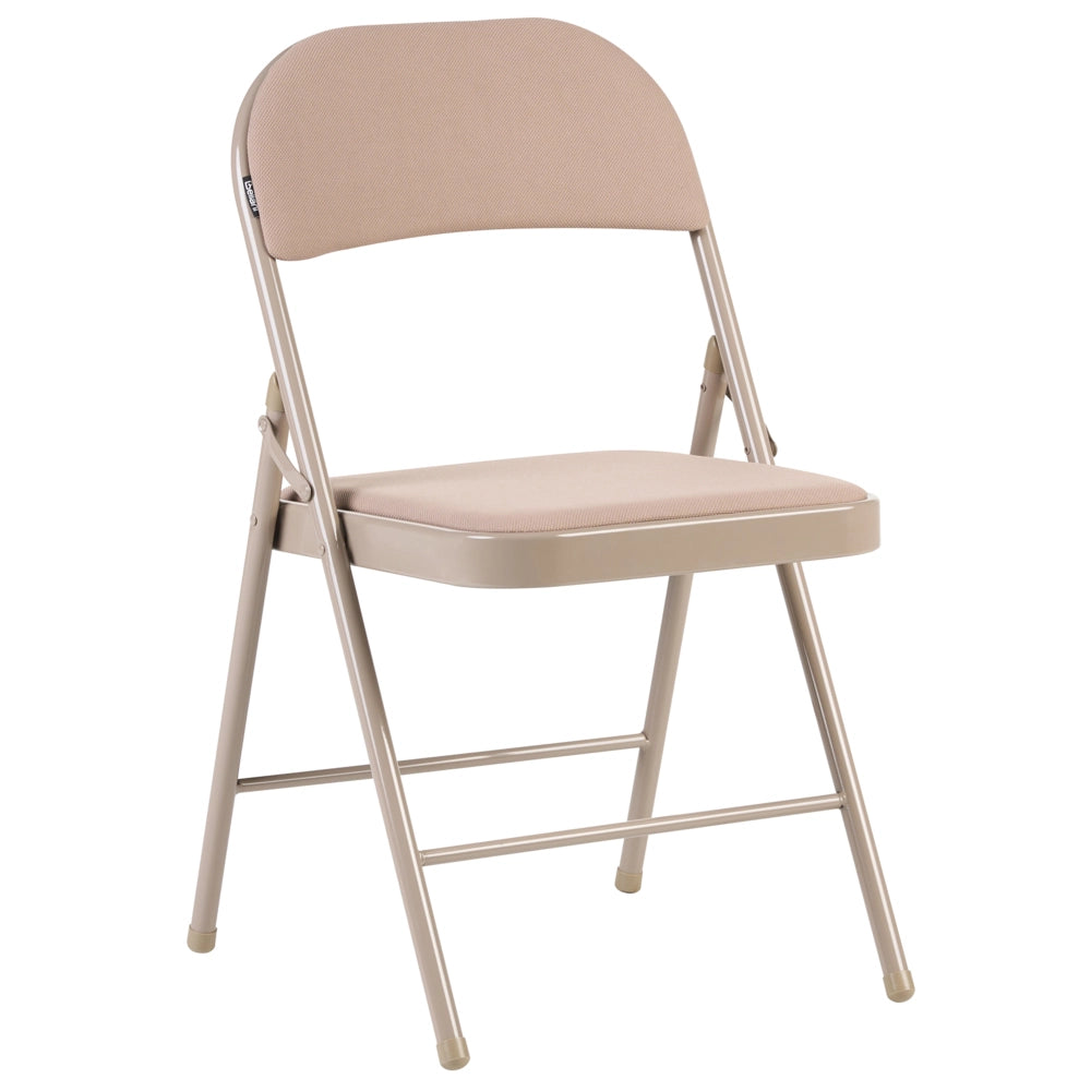 Set di 4 sedie pieghevoli con struttura in metallo beige, seduta e schienale imbottiti in tessuto, sedute ribaltabili