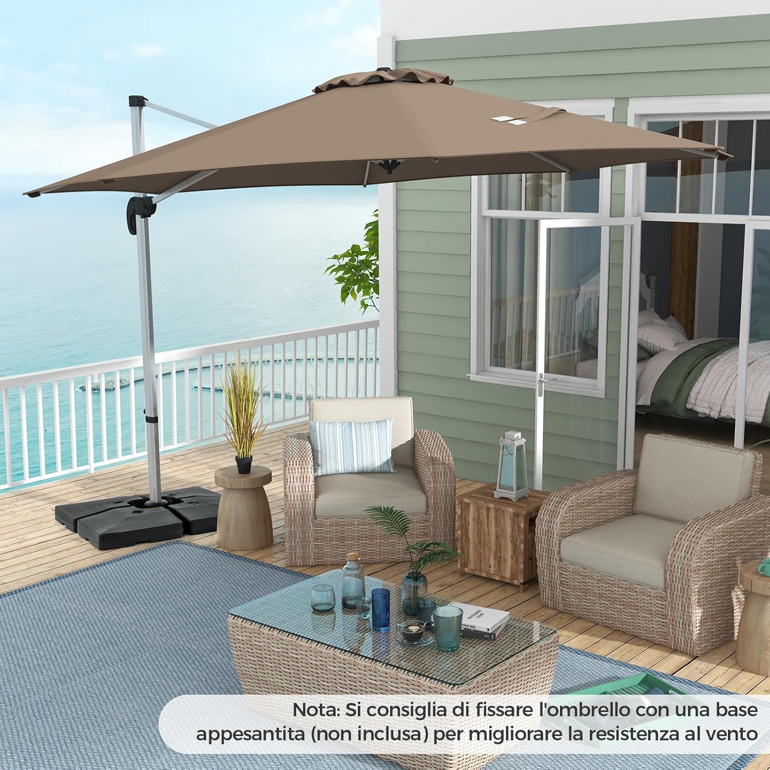 Ombrellone da Giardino 339 cm, Ombrello da Giardino Rotondo con Rotazione a 360°, Ombrellone da Giardino Inclinabile con Base, Ombrello da Sole per Giardino, Patio (Caffè)