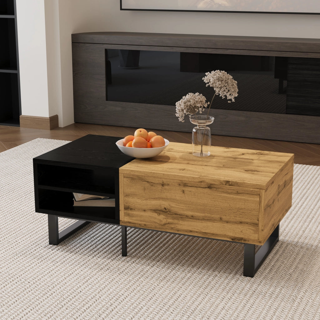 Tavolino da Caffè con 1 Cassetto e 3 Vani Aperti; Gambe in Metallo; Stile Industriale; in Pannello Truciolare; Naturale; 100×50×40 cm