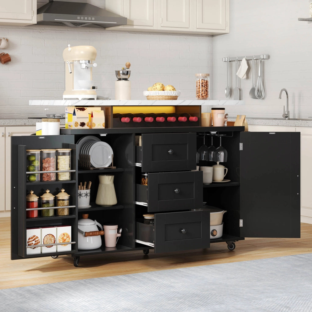 Isola cucina mobile con piano ribaltabile, LED RGB, 2 ante, 3 cassetti e portabicchieri 138x60x93 cm nera