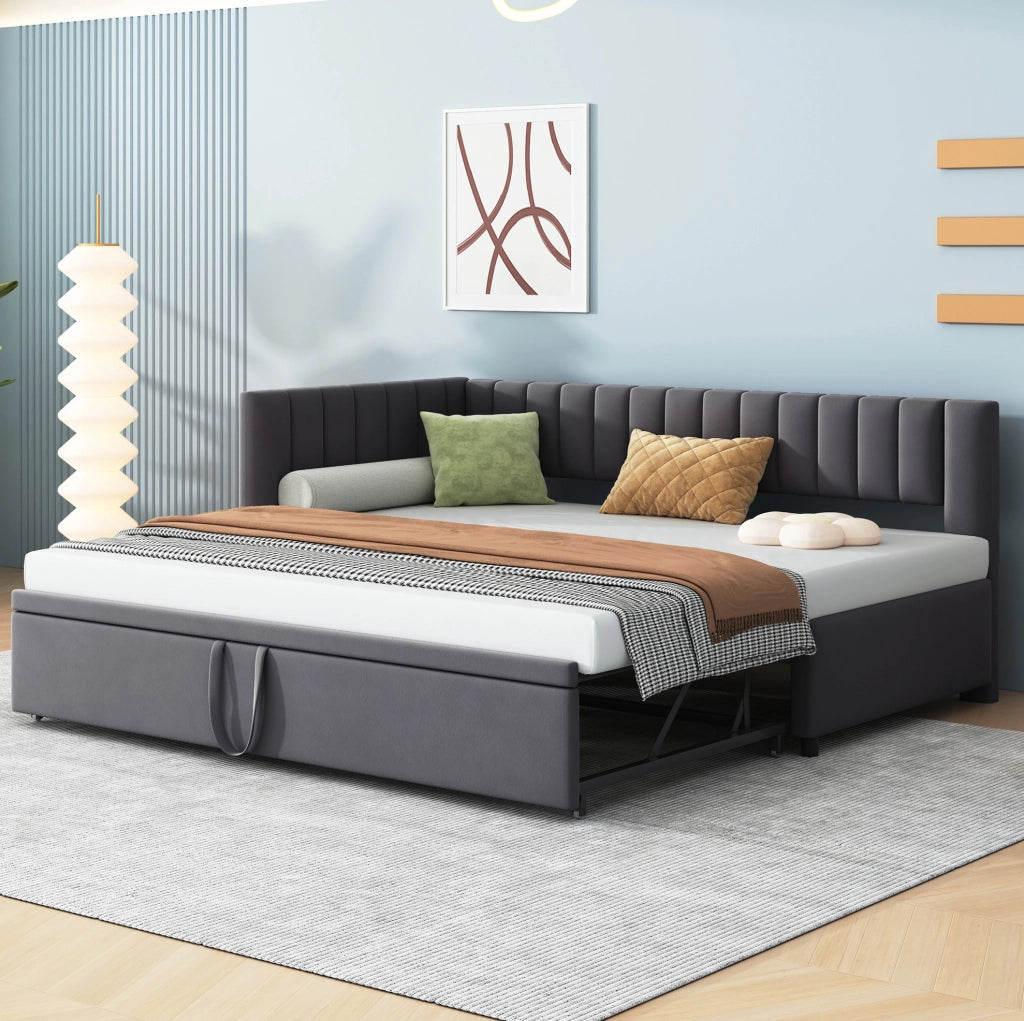 Divano letto a L estraibile 90x200 cm in velluto grigio