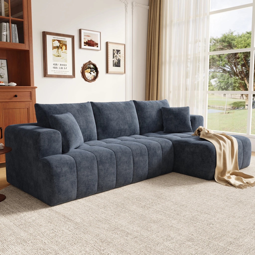 Divano ad angolo modulare senza struttura con design basso e cuscini in chenille blu 244,5 × 136 × 79 cm