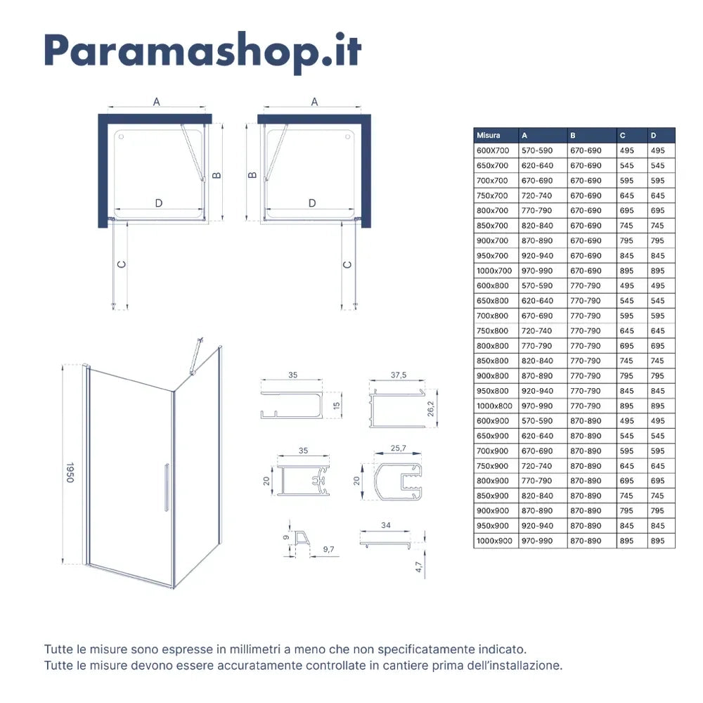 Box doccia 65x90cm con apertura a battente e parete fissa, profili cromati e vetro da 6mm trasparente h195 | Elba
