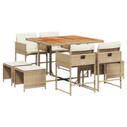 Set da Pranzo da Giardino 9 pz | Set Salotto da Giardino con Cuscini Beige in Polyrattan