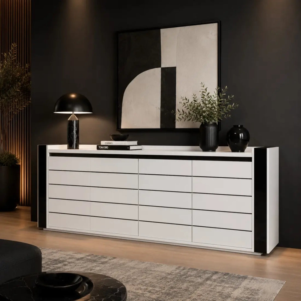 Buffet LINA bianco e nero con LED – 220 x 87 x 50 cm