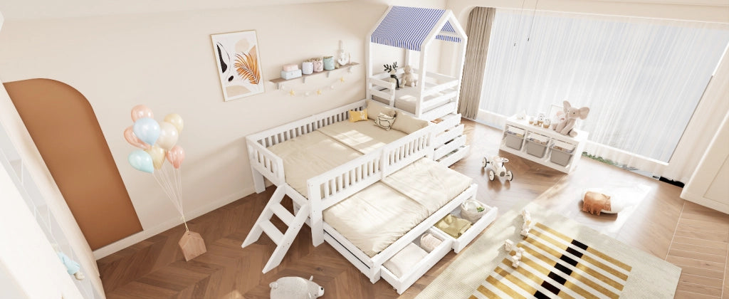 Letto a soppalco per bambini 90 × 200 cm con letto estraibile 90 × 190 cm, scala laterale, cassetti, senza materasso, bianco