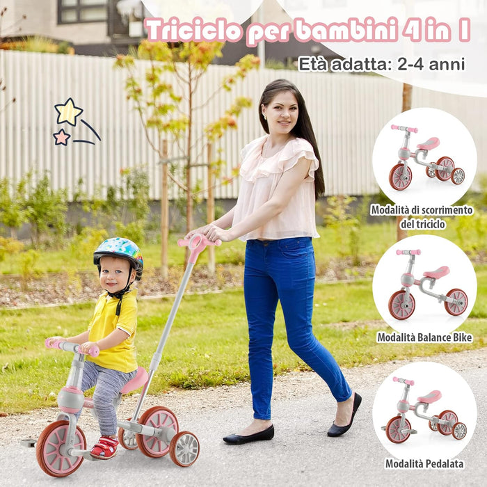 4 in 1 Triciclo per Bambini con Maniglia di Spinta, Triciclo per Bambini Bicicletta Equilibrio con Maniglia, Sedile Regolabili e Pedali Rimovibili, per 2-4 anni (Rosa)