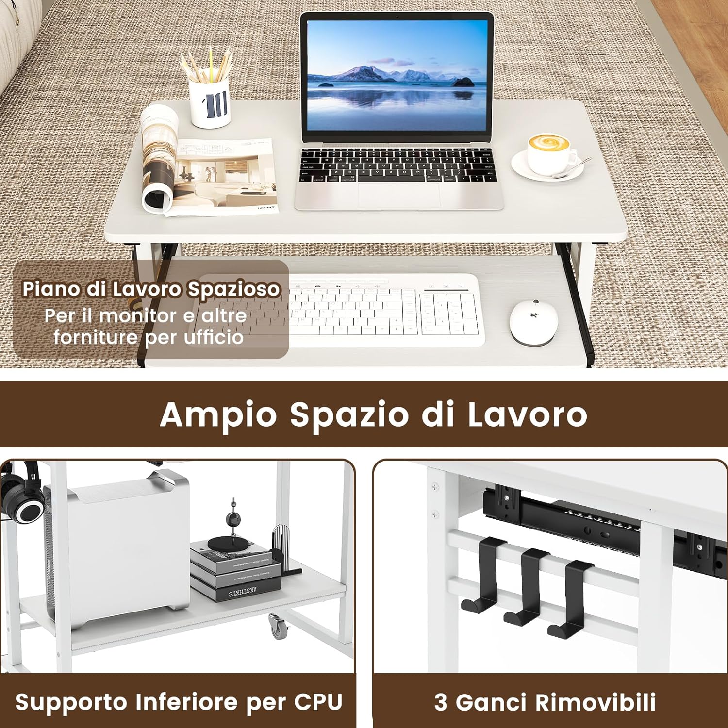 Scrivania con Ruote, Vassoio per Tastiera, Supporto per CPU e Ganci, Scrivania Moderna in Legno e Metallo per Salotto e Camera da Letto, 80 x 50 x 78 cm (Bianco)