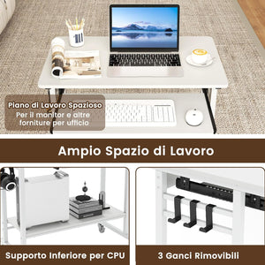 Scrivania con Ruote, Vassoio per Tastiera, Supporto per CPU e Ganci, Scrivania Moderna in Legno e Metallo per Salotto e Camera da Letto, 80 x 50 x 78 cm (Bianco)