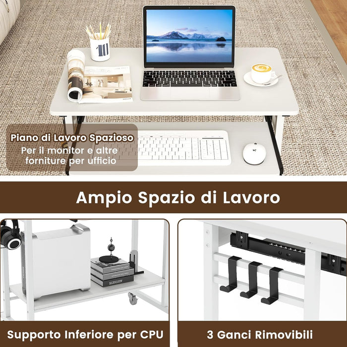 Scrivania con Ruote, Vassoio per Tastiera, Supporto per CPU e Ganci, Scrivania Moderna in Legno e Metallo per Salotto e Camera da Letto, 80 x 50 x 78 cm (Bianco)