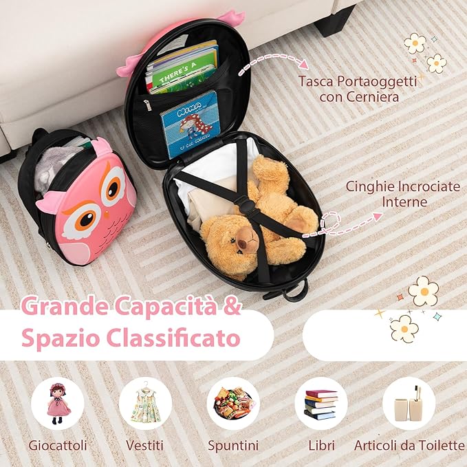2 Pezzi Valigia per Bambini con Maniglia Retrattile + Zaino Bagaglio a Mano, con ruote girevoli a 360 ° (gufo 3)