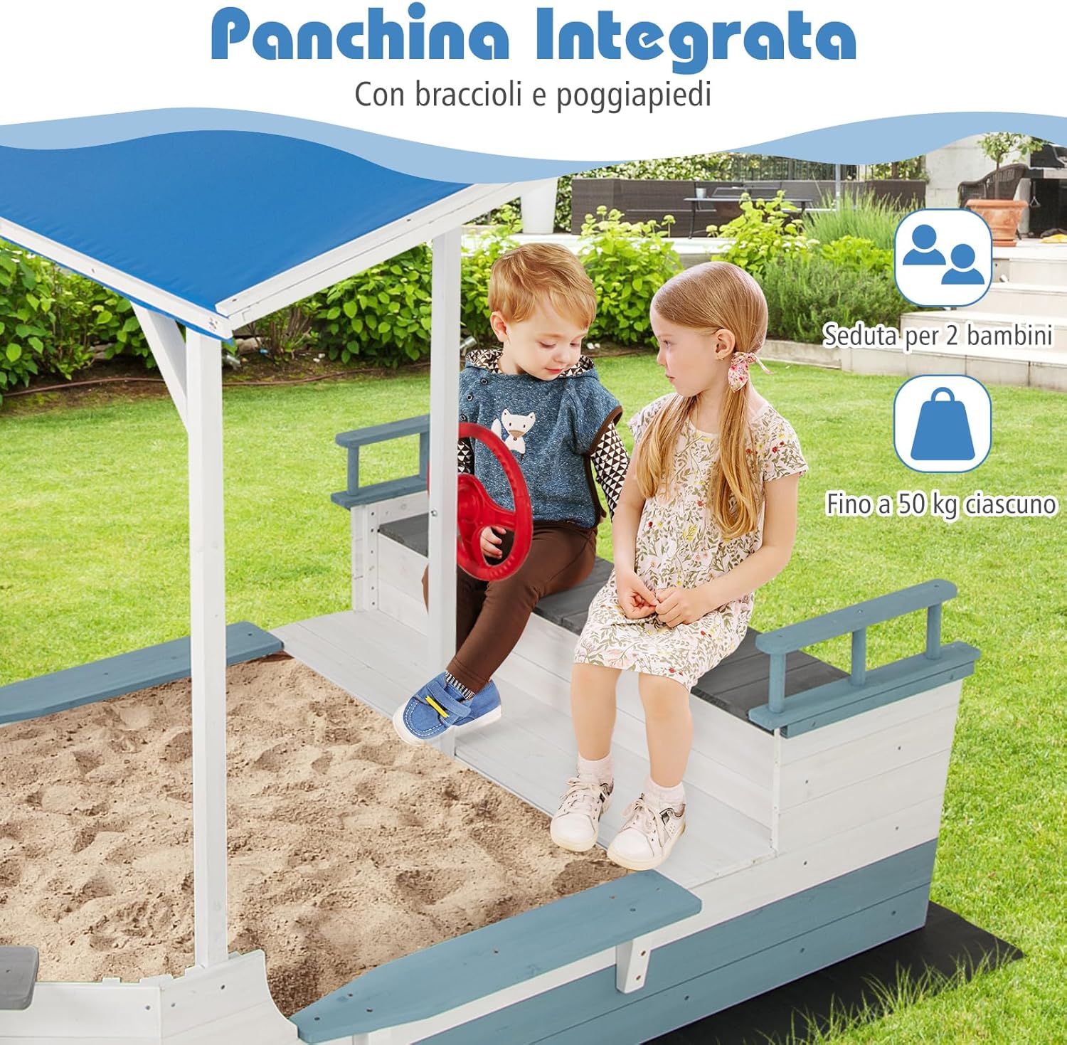 Sabbiera per Bambini a Forma di Nave Pirata con Tettuccio, Barca di Legno di Abete con Bandiera Timone e Sedili, Area Gioco di Sabbia, 218×110×162 cm