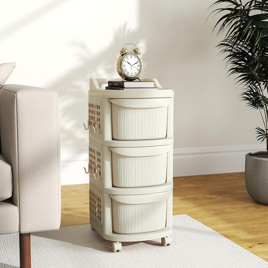 Carrello portaoggetti con ruote con 3 cassetti, torre di stoccaggio in plastica, pannelli perforati laterali, 6 ganci, ruote bloccabili, per soggiorno, camera da letto, ufficio
