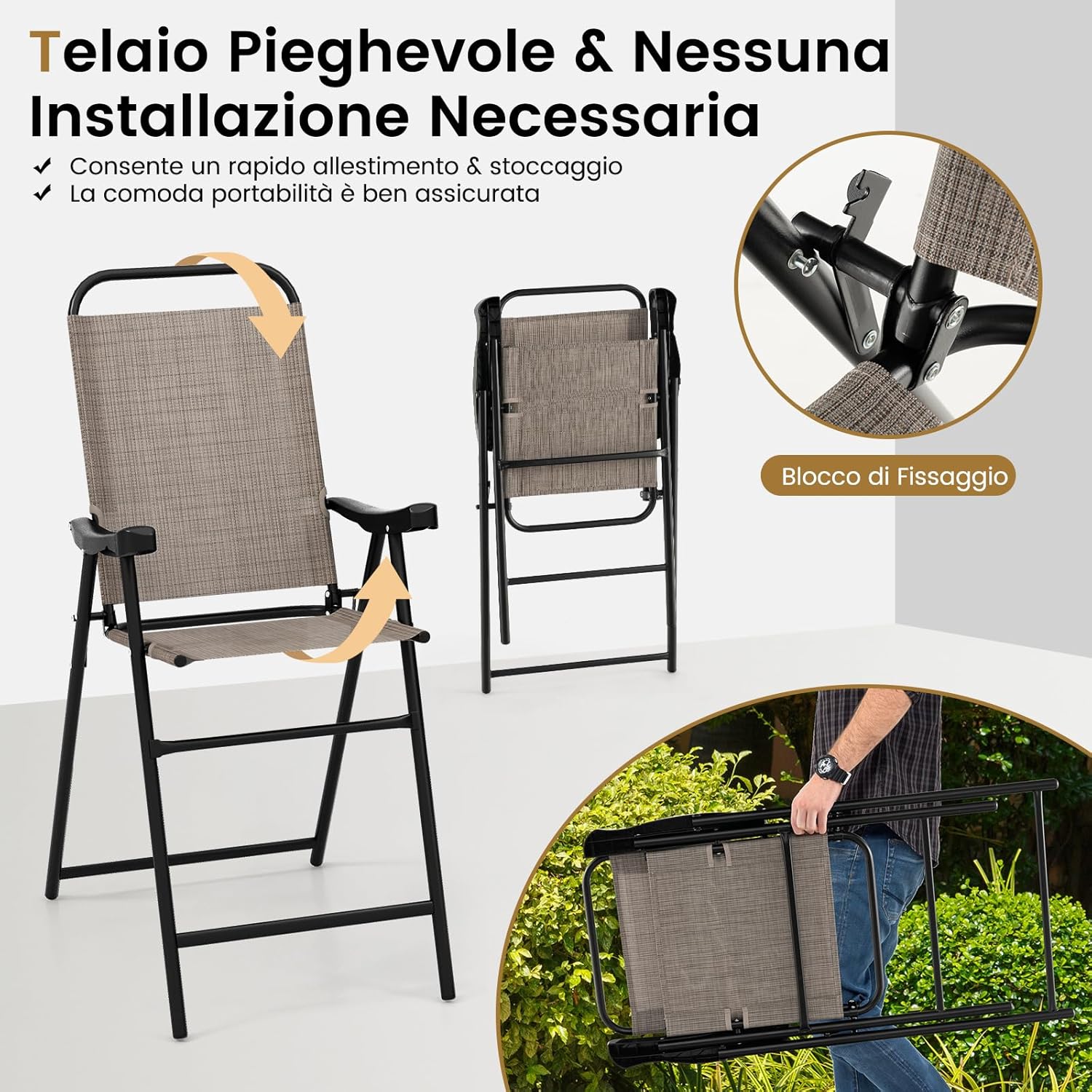 Set di 2 Sgabelli Pieghevoli da Bar per Giardino, Set di 2 Sedie Alte da Bar con Telaio in Metallo e Poggiapiedi, per Balcone, Giardino e Piscina, 56 x 76 x 112 cm (L x P x A)