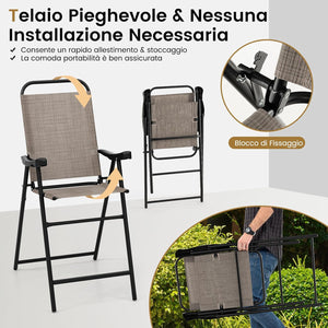 Set di 2 Sgabelli Pieghevoli da Bar per Giardino, Set di 2 Sedie Alte da Bar con Telaio in Metallo e Poggiapiedi, per Balcone, Giardino e Piscina, 56 x 76 x 112 cm (L x P x A)