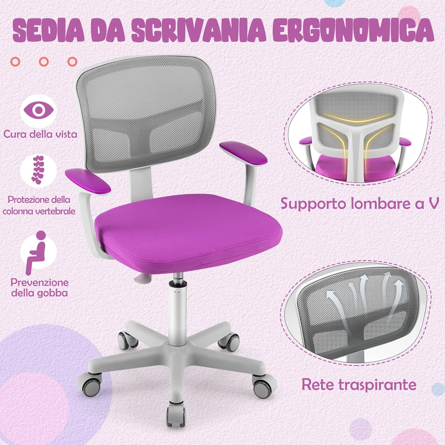 Sedia per Scrivania per Bambini, Sedia per Computer per Bambini con Altezza Regolabile, Ruote con Freni, Sedile Girevole a Rete, Sedia Ergonomica per Bambini 3-10 Anni (viola)