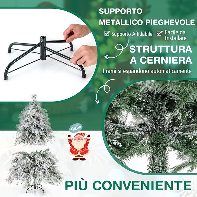 Albero di Natale Innevato 146/180 CM, Albero di Natale ArtificialePre-Luminoso con Cerniera e 150/250 Luci LED Bianche Calde, 279/519 Punte di Ramo, Ago di Pino (146 CM)