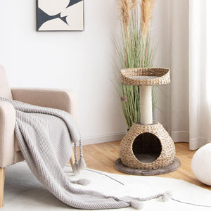 Tiragraffi per Gatti Piccoli, Tiragraffi Gatto con Cuccia, Piattaforma, Pallina e Palo Tiragraffi in Sisal Naturale, Albero Tiragraffi da Divano, Salotto e Camera da Letto, 48 x 48 x 70,5 cm