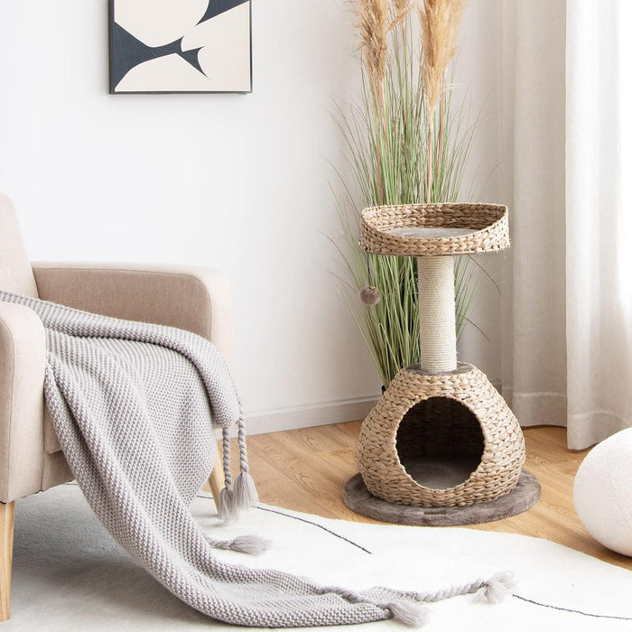 Tiragraffi per Gatti Piccoli, Tiragraffi Gatto con Cuccia, Piattaforma, Pallina e Palo Tiragraffi in Sisal Naturale, Albero Tiragraffi da Divano, Salotto e Camera da Letto, 48 x 48 x 70,5 cm