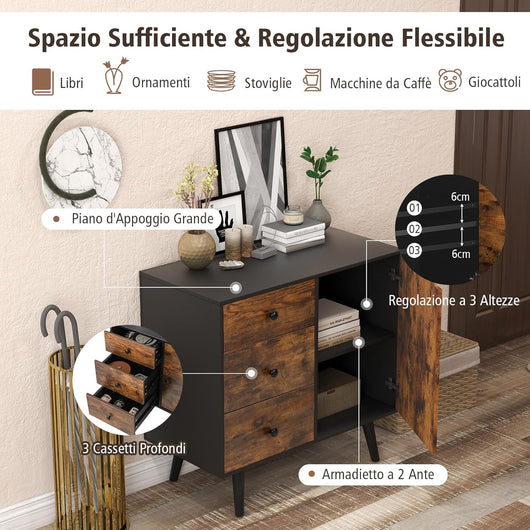 Mobiletto Multiuso con 3 Cassetti e 1 Armadio, Armadietto con Gambe di Legno e Altezza del Ripiano Regolabile, Ideale per Ingresso, Soggiorno e Cucina, 73 x 40 x 76 cm