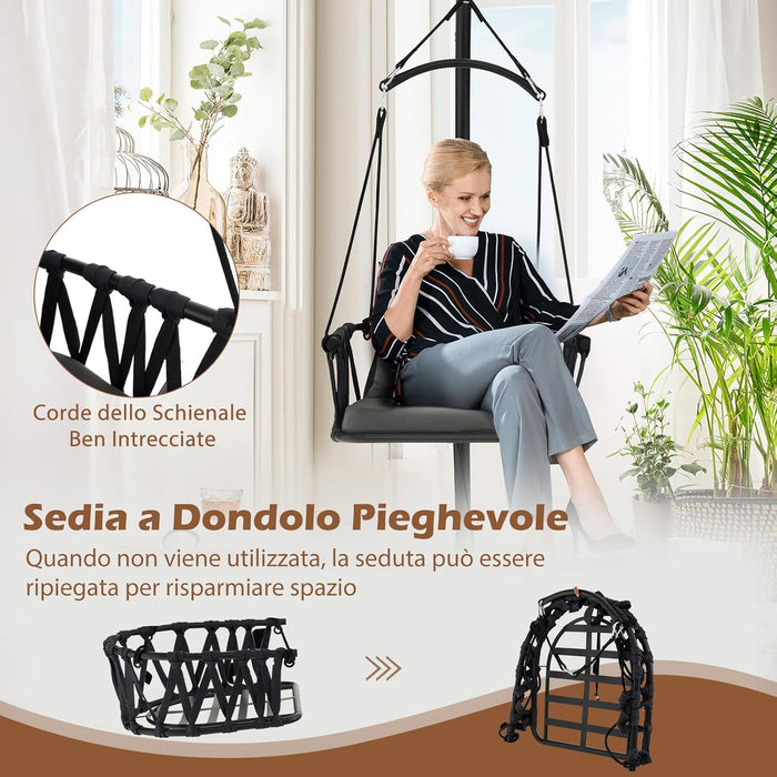 COSTWAYSedia Sospesa Pieghevole con Supporto, Poltrona Sospesa Corda con Cuscini per Seduta e Schienale, Telaio in Metallo, Sedia Amaca da Interno/Esterno, Portata 150 kg
