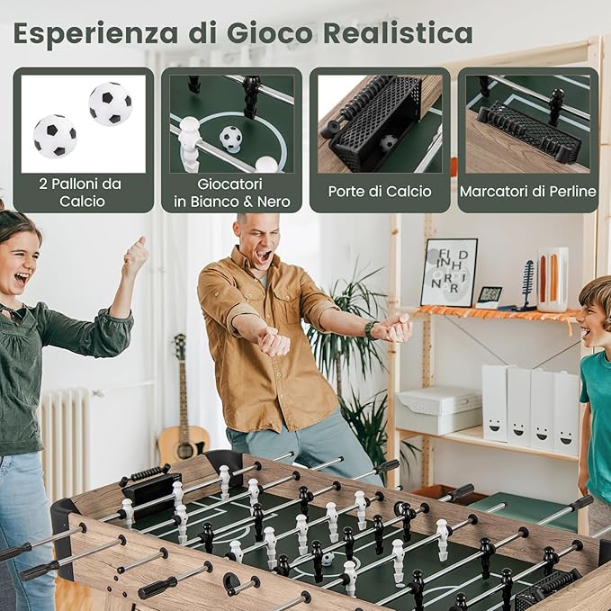 Mini Calcio Balilla, Tavolo Calcio Balilla con 2 Palle e 26 Giocatori, 2 Segnatori, Gioco Calcistico con Livelli Regolabili per Sala Giochi Feste, 137x68x84,5 cm